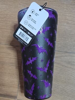 Insulated Black & Purple Bat Pattern Travel Tumbler - Double Walled